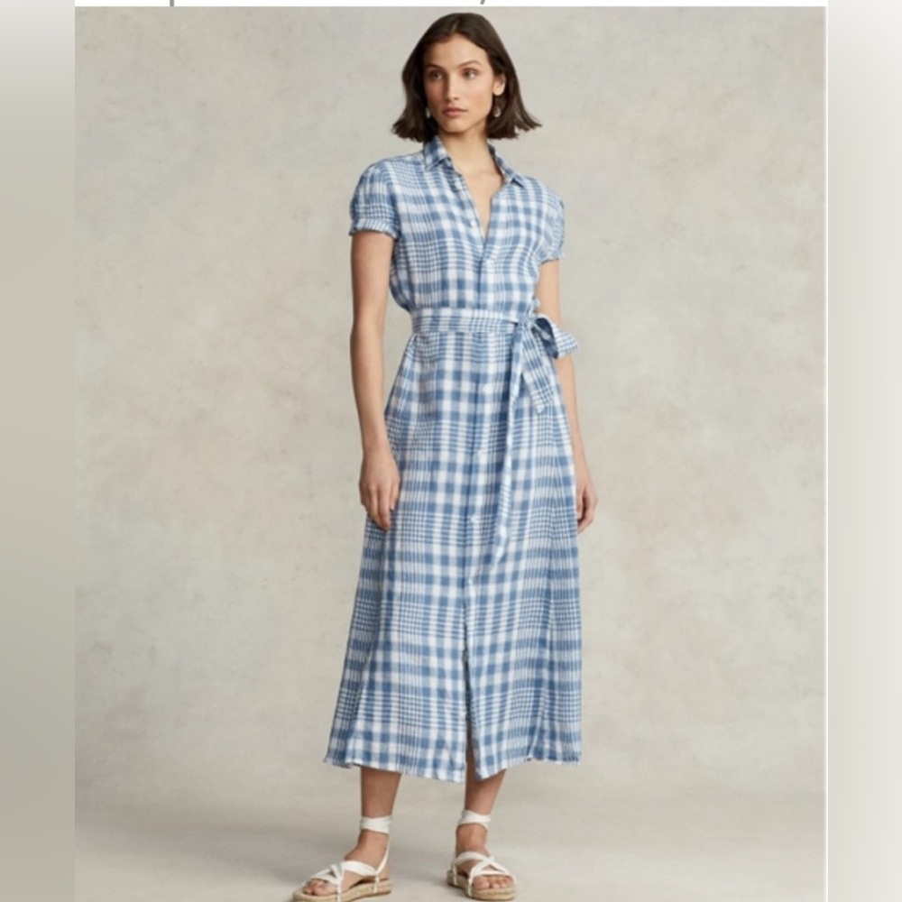 Polo Ralph Lauren Blue Plaid Linen Women's Midi Dress Size 18